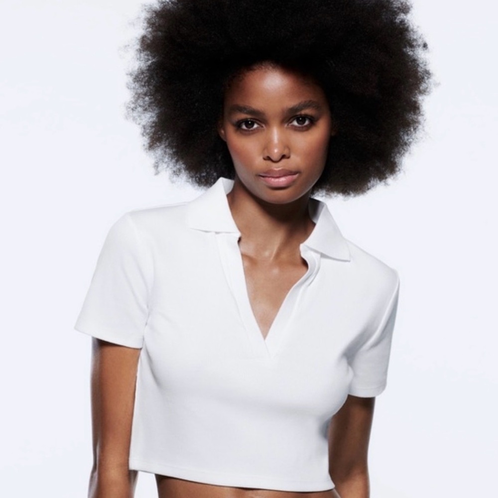 Zara White Ribbed Cropped Polo Top with V-Neck